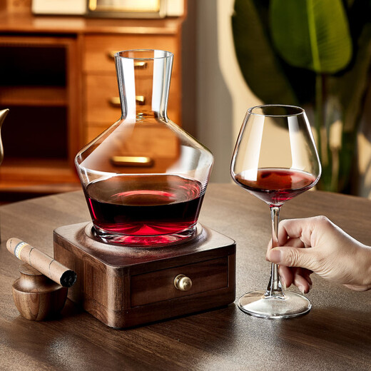 BOMP European style high-looking light luxury red wine decanter household crystal glass quick wine divider pouring wine jug wine glass Acacia wood cigar box decanter + crystal_2 pieces 520ml