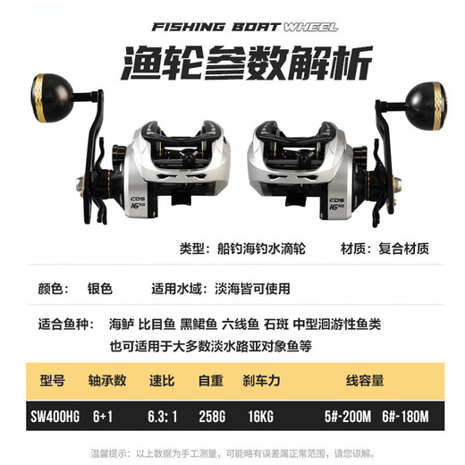 He Jiagong's anti-seawater wide-body water droplet sea fishing metal large fishing weight slow rocking boat fishing lure long-range thunder strong fishing reel SW401 deep line cup silver left hand (6+1 axis) unloading alarm