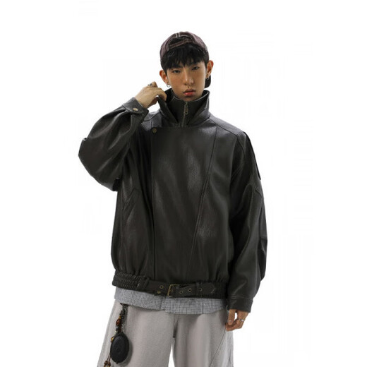 Double-layer collar plus velvet design stand-up collar motorcycle jacket men's American retro Maillard PU leather jacket black plus velvet 4XL recommended (180-195Jin Jin equals 0.5 kg)