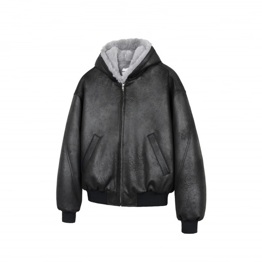 DESERTO frost cracked leather 1500G imitation mink one piece winter hooded mountain carving PU leather jacket black M
