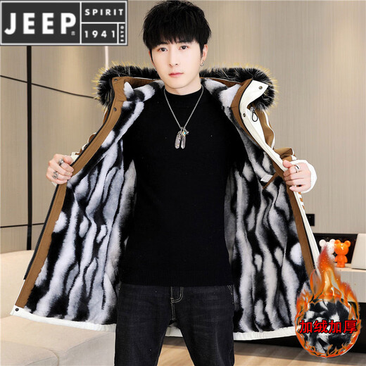 JEEP SPIRIT秋冬季新款中长款风衣男士加绒加厚连帽外套保暖派克服 23A19黑色中长款 加 绒加 厚 XL 125-145斤
