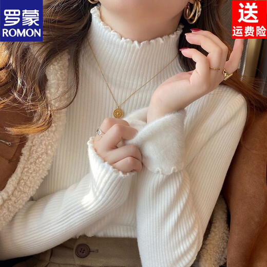 ROMON thickened one-piece velvet 2022 new winter sweater for women with fungus edge knitted bottoming shirt, warm and versatile inner top, white S