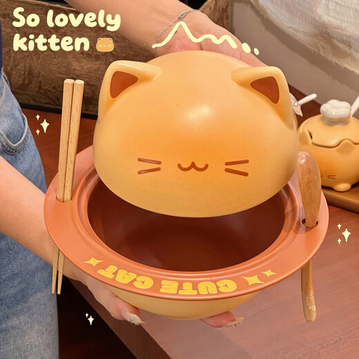 Defang Toast Kitten Instant Noodle Bowl Cute Tableware Large Capacity Covered Creative Home Beautiful Ceramic Bowl Set