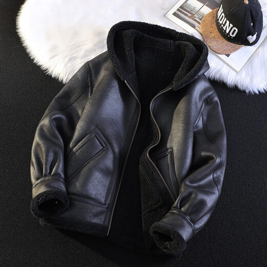GENIUS international first-line brand fur integrated men's winter hooded velvet thickened leather jacket short motorcycle jacket leather jacket for men black L 115-130Jin Jin is equal to 0.5 kg