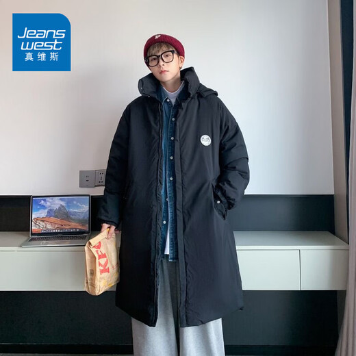 Jeanswest mid-length cotton-padded jacket for boys winter loose hooded over-the-knee down-padded jacket black M