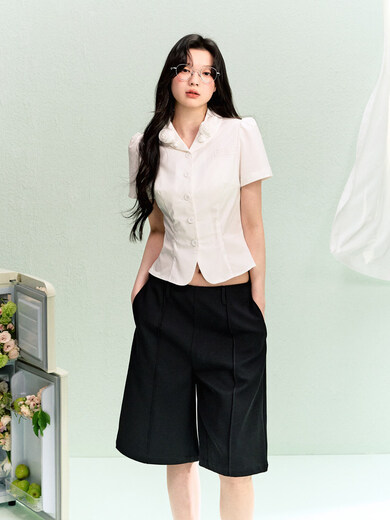 LA LUNE DU CIEL French retro floral collar short-sleeved shirt for women, summer temperament, waist-cinching, versatile top, white, in stock S