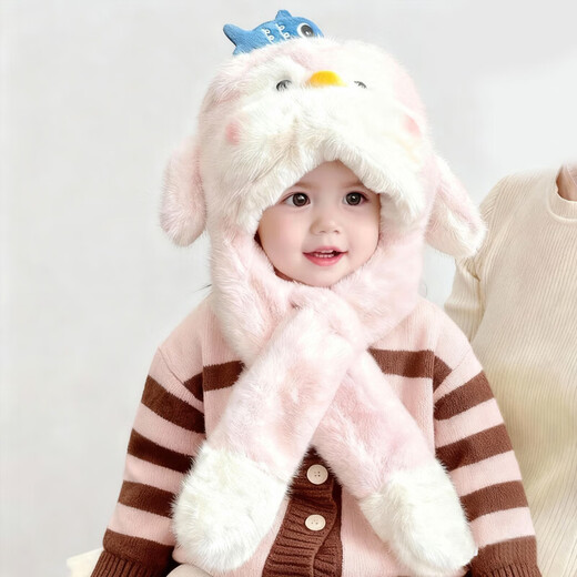 Baby penguin scarf hat with moving ears, winter super cute thickened baby and child ear protection integrated plush hat, khaki color - can move when pinched (recommended for 2-6 years old)