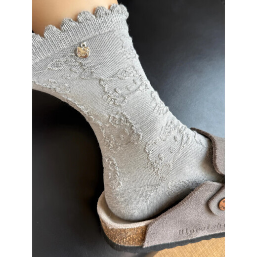 Modal Hello Kitty Socks Women's Lace Pile Socks Cartoon Pendant Socks Japanese Cute Spring and Autumn Mid-Tube Socks Black + Pink One Size Women's 35-40 Embossed Kitty