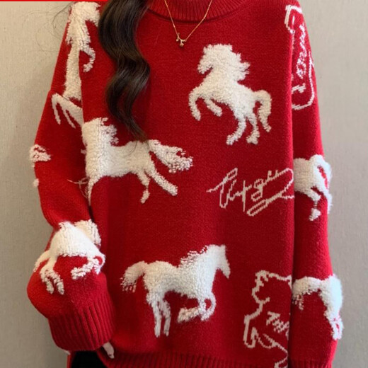 ANGEL MOOD Red Sweater Women's Year of the Horse Zodiac Red Sweater New Year's Style Thickened Round Neck Loose Women's Sweater Bottoming Shirt Women Burgundy 2XL