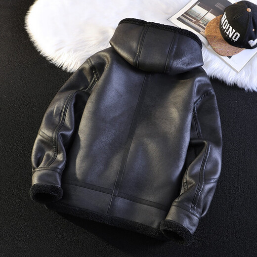 GENIUS international first-line brand fur integrated men's winter hooded velvet thickened leather jacket short motorcycle jacket leather jacket for men black L 115-130Jin Jin is equal to 0.5 kg