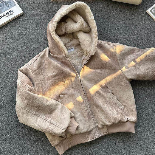 DESERTO frost cracked leather 1500G imitation mink one piece winter hooded mountain carving PU leather jacket black M