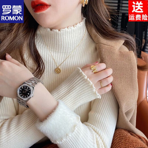 ROMON thickened one-piece velvet 2022 new winter sweater for women with fungus edge knitted bottoming shirt, warm and versatile inner top, white S