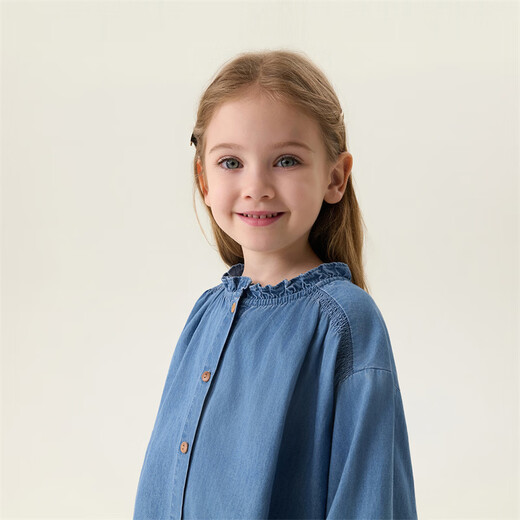 MARC&JANIE Mark Jenny retro literary girls' lace denim shirt baby shirt 2026 spring new style 560151 light denim 130 cm (recommended height 121-130cm)