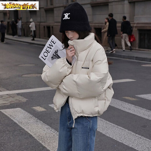 Chujing PU Leather Jacket Women's Short Autumn and Winter New Stand Collar Korean Style Down Jacket Loose Versatile Warm Jacket White Duck Down Beige (PU Version) M