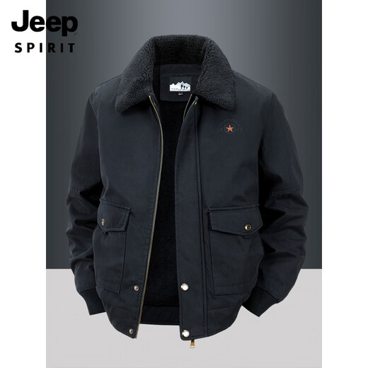 JEEP SPIRIT autumn and winter middle-aged velvet thickened cotton coat men's winter loose lapel casual loose cotton top 2188 Army green velvet thickened M 100-120Jin Jin equals about 0.5 kg