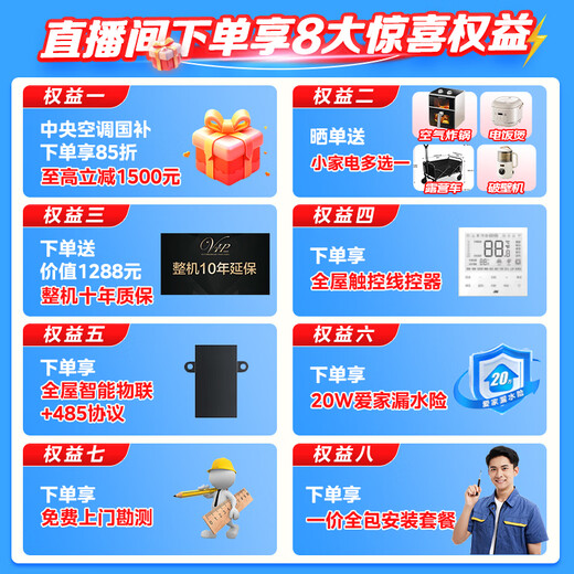 Haier 15% off when placing an order. Central air conditioner produced by Zhijia, one to four, one to three, full DC frequency conversion, first-level energy efficiency, intelligent IoT self-cleaning leader Yuanqi 7 HP, one to six, four rooms and two living rooms, 140 double fans