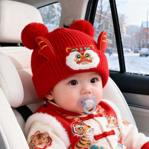Jingqi Baby New Year's Hat Autumn and Winter Festive Red Embroidered Wool Hat Men and Women Baby Warm Pullover Hat Winter Year-End Safe 43-46cm