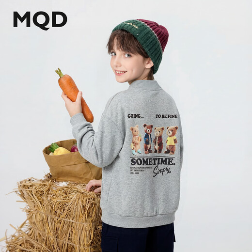 MQD plus velvet MQD boys 25 new winter style college style half-cardigan sweatshirt with big cartoon on the back, light hemp gray 140