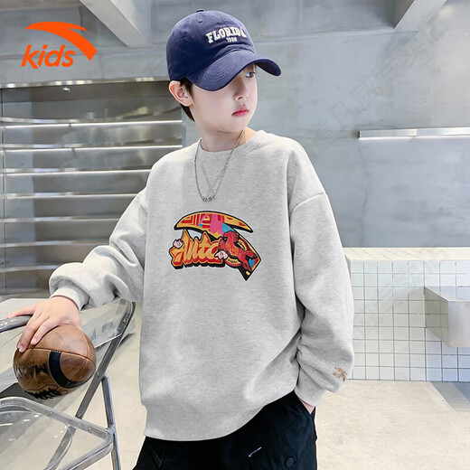 ANTA velvet children's sweatshirt, boys' sweatshirt, thickened youth red sweatshirt, autumn and winter warm sports top for girls, gray floral gray, velvet style 170