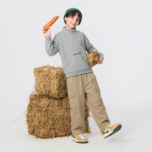 MQD plus velvet MQD boys 25 new winter style college style half-cardigan sweatshirt with big cartoon on the back, light hemp gray 140