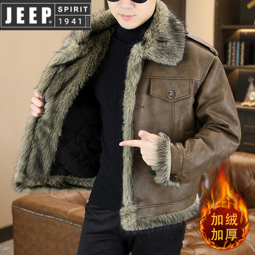 JEEP SPIRIT winter high-quality velvet thickened leather jacket fur one-piece American retro large size fashion casual new 5606 brown M 90105