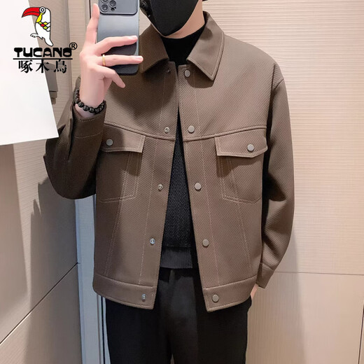 啄木鸟（TUCANO）男士夹克外套秋冬季加棉加厚休闲廓形潮流斜纹明线短款翻领工装 杏色 常规 2XL (160-170斤)
