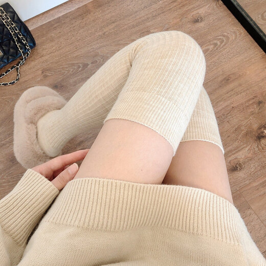 Shijanu Autumn and Winter Plus Velvet Beige Over-the-Knee Socks Women's Warm Wool Japanese Style JK Long Tube Milk White One Size Two Pack