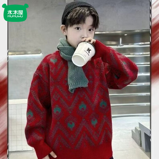 Mumuwu boys' sweater, medium and large children's warm sweater, autumn and winter velvet thickened new year boy's New Year red top Peacock Feather Red 110