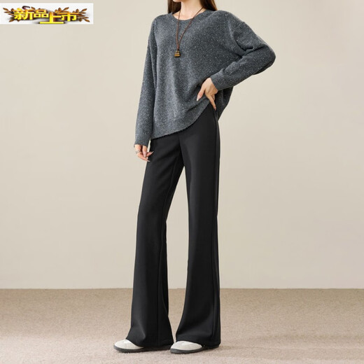 Early diameter winter velvet trousers, black boot-cut trousers with spliced slits, new slimming stretch casual, high waist and drape for small people, black plus velvet - tall 3XL 31/recommended 135Jin Jin is equal to 0.5kg -145Jin Jin is equal to 0.5kg
