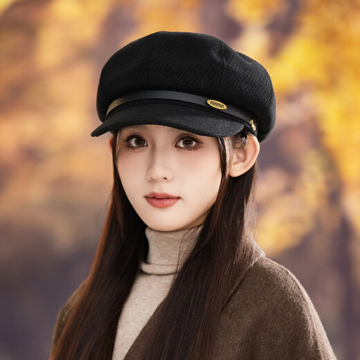 CTRLEND British retro octagonal beret women's autumn and winter face-showing small versatile duck hat winter warm painter newsboy hat black