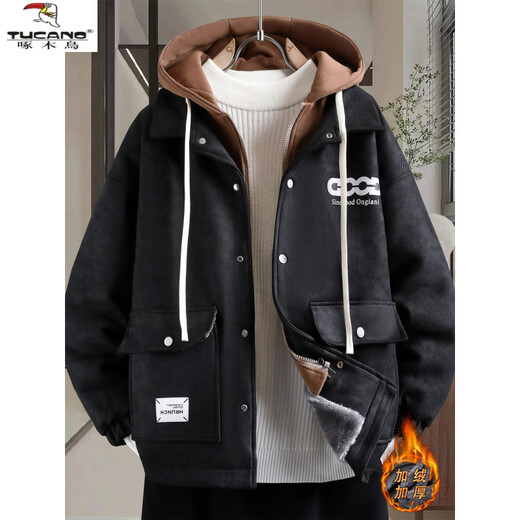 Woodpecker (TUCANO) autumn and winter vacation two-piece jackets for boys, junior high and high school students, velvet and thickened, teenagers and older men's jackets, cotton-padded jackets 8509 black plaid (single jacket), velvet and thickened M 80-100Jin Jin is equal to about 0.5 kg
