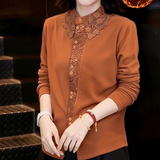 Sudian Women's Original Brand Flagship Store Fashionable and Western Style Velvet Thickened Lace Lapel Waist Revealing Warm Shirt Winter Orange XL