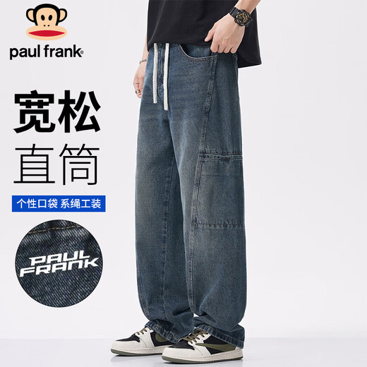 大嘴猴（paul frank）牛仔裤男士冬季拼接工装裤子男潮牌休闲裤阔腿男裤 怀旧蓝色 XL