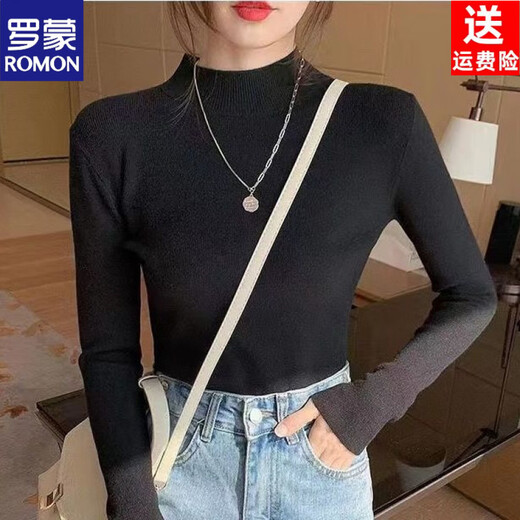 ROMON Half Turtleneck Sweater Women's New Autumn and Winter Knitted Sweater Slim Fit Bottoming Shirt Versatile Western Style Tight Top Brown S 80-95Jin Jin is equal to 0.5 kg