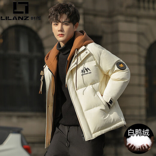 LILANZ пуховик мужская куртка с капюшоном 2025 зима новый стиль красивые утолщенные морозостойкие зимние студенческие топы кремово-белые XL 125-136Jin Jin весит около 0,5 кг
