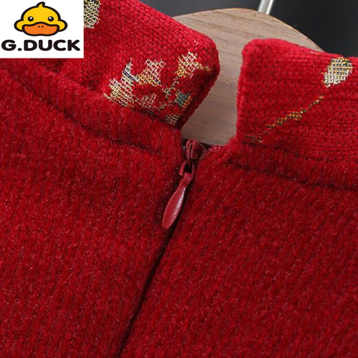 G.duck girls dress autumn and winter thickened children's national style festive New Year's greetings baby girl baby princess skirt plus velvet red 73 about height 65 cm