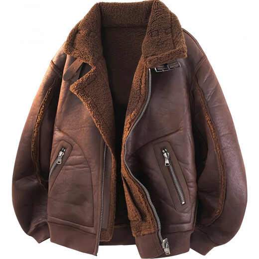 GENIUS international first-line brand leather men's jacket winter 2025 new American trendy brand style motorcycle leather jacket lamb wool brown M