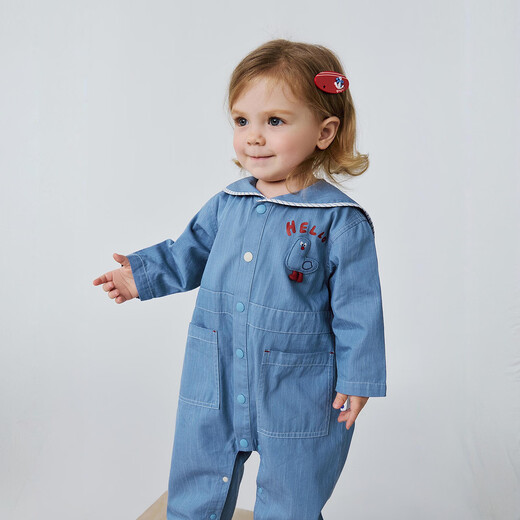 Minibala baby clothes for men and women, soft imitation denim jumpsuits, outdoor rompers, spring new style, denim light blue 88101 90cm