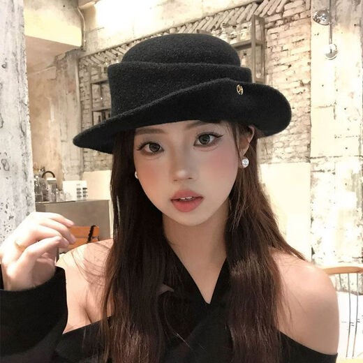 U&MUDI French Hepburn style elegant black top hat women's autumn and winter retro face-showing small curled woolen hat fisherman hat black