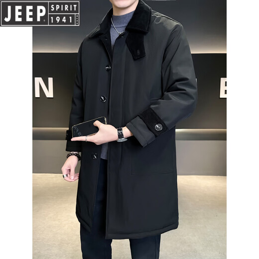 JEEP Мужской пуховик средней длины Jeep с лацканами, зима 2026, новая утолщенная теплая зимняя куртка мужская с защитой от холода, черный 2XL (155-170Jin Jin равен 0,5 кг)