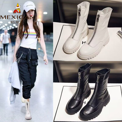 Scarecrow genuine leather Martin boots for female students Korean 2026 autumn and winter versatile mid-calf thick-soled short boots for women winter boots black plus velvet 41