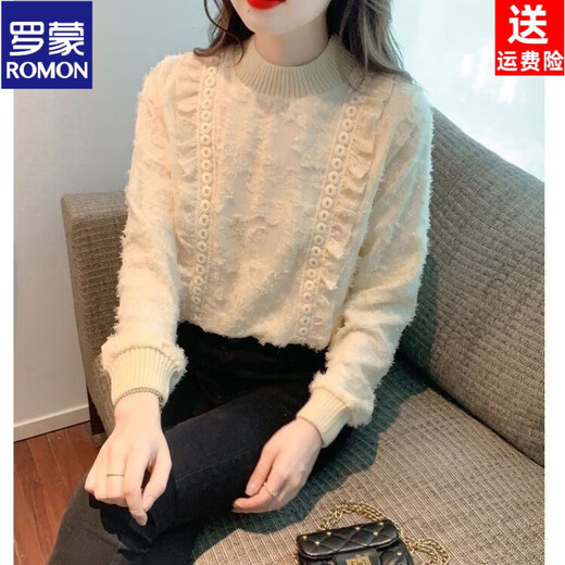 ROMON brand autumn and winter velvet thickened lace bottoming shirt for women 26 new tops autumn and winter style and fashion apricot full body velvet S 85-95Jin Jin equals 0.5 kg