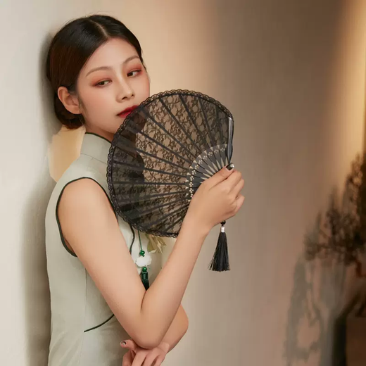 Yusenyi Chinese style compact folding fan for women's cheongsam lace fan ancient style folding fan dance fan summer portable fan red lace fan jade beads style personal use daily fan