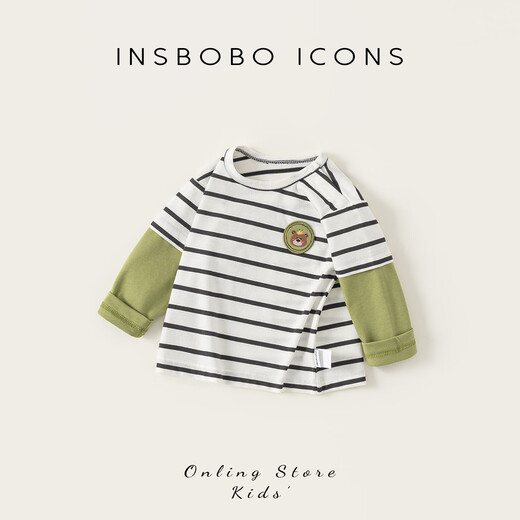INSBOBO boys' bottoming shirt 2026 spring long-sleeved children's T-shirt baby fake two-piece tops new clothes trendy black and white strips 73