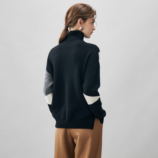 Komenboka 2025 new autumn and winter color block splicing cashmere sweater women's turtleneck sweater loose bottoming sweater Midnight Black M