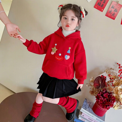 G.duck New Year's greeting clothes for girls, velvet sweatshirt, winter 2026 new style, super nice festive top for children, baby red inner wear, red 120 cm