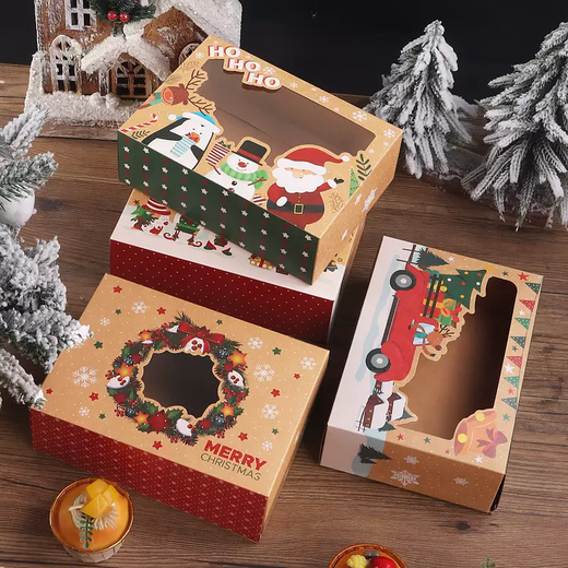 Yusenyi Christmas donut dessert packaging box cup cake box window transparent mousse dessert packaging box egg tart box kraft paper Santa Claus snowman 10 pieces