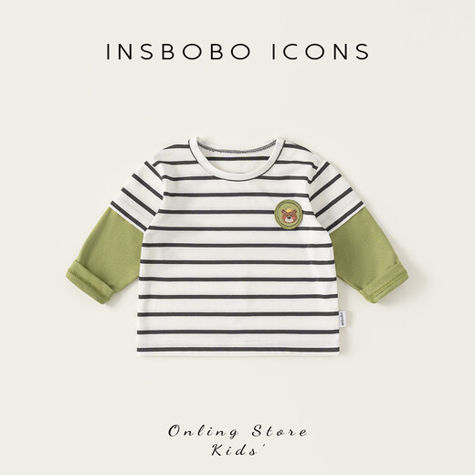 INSBOBO boys' bottoming shirt 2026 spring long-sleeved children's T-shirt baby fake two-piece tops new clothes trendy black and white strips 73