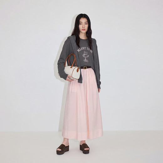 OCHIRLY New Product Elastic Waist Umbrella Skirt A-Line Skirt Mid-Length Retro Style Simple Spring 2026 Light Pink XS