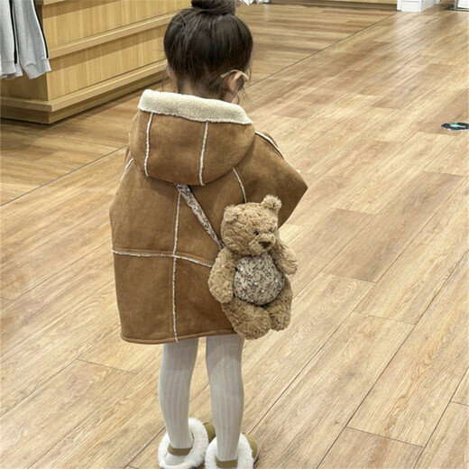 Disney children's fleece coat winter style for boys and girls baby suede thickened fur all-in-one coat little girl winter coat khaki 90 cm